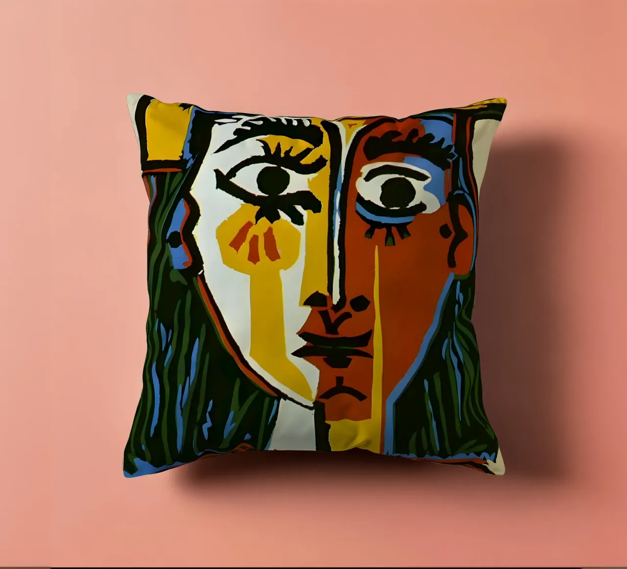 Testa di donna ispirata a Picasso - Vivace ritratto cubista cuscino da homdeco