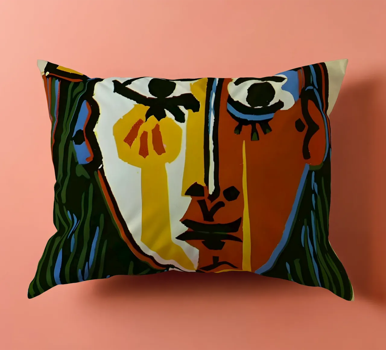 Testa di donna ispirata a Picasso - Vivace ritratto cubista cuscino da homdeco