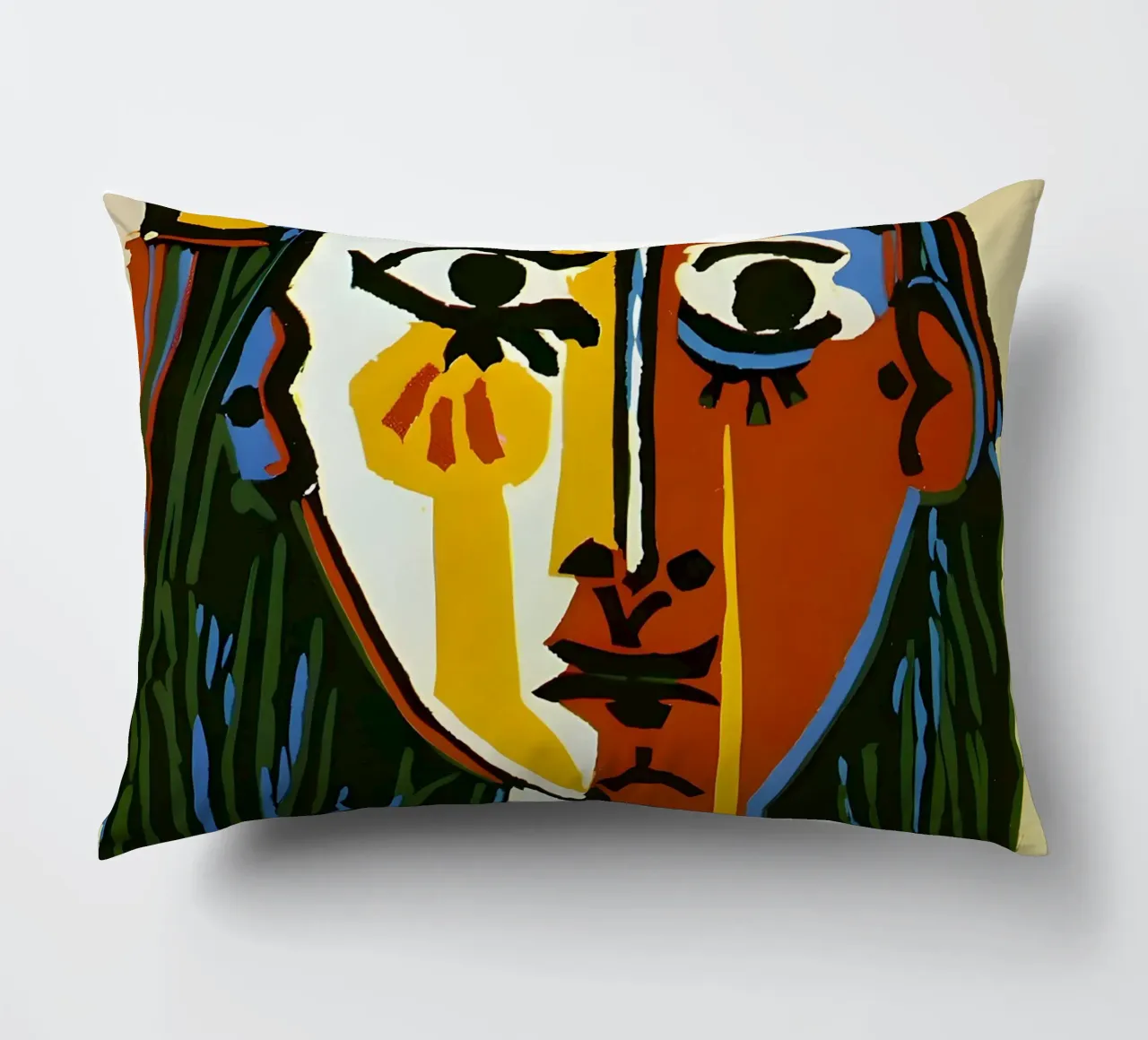 Testa di donna ispirata a Picasso - Vivace ritratto cubista cuscino da homdeco