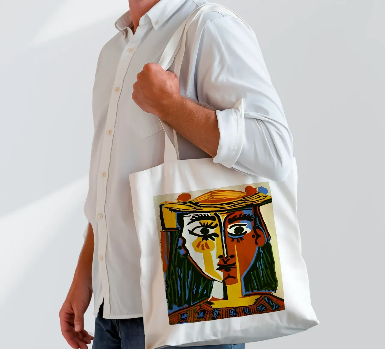 Von Picasso inspirierter Frauenkopf - Lebendiges kubistisches Porträt Jutebeutel von homdeco
