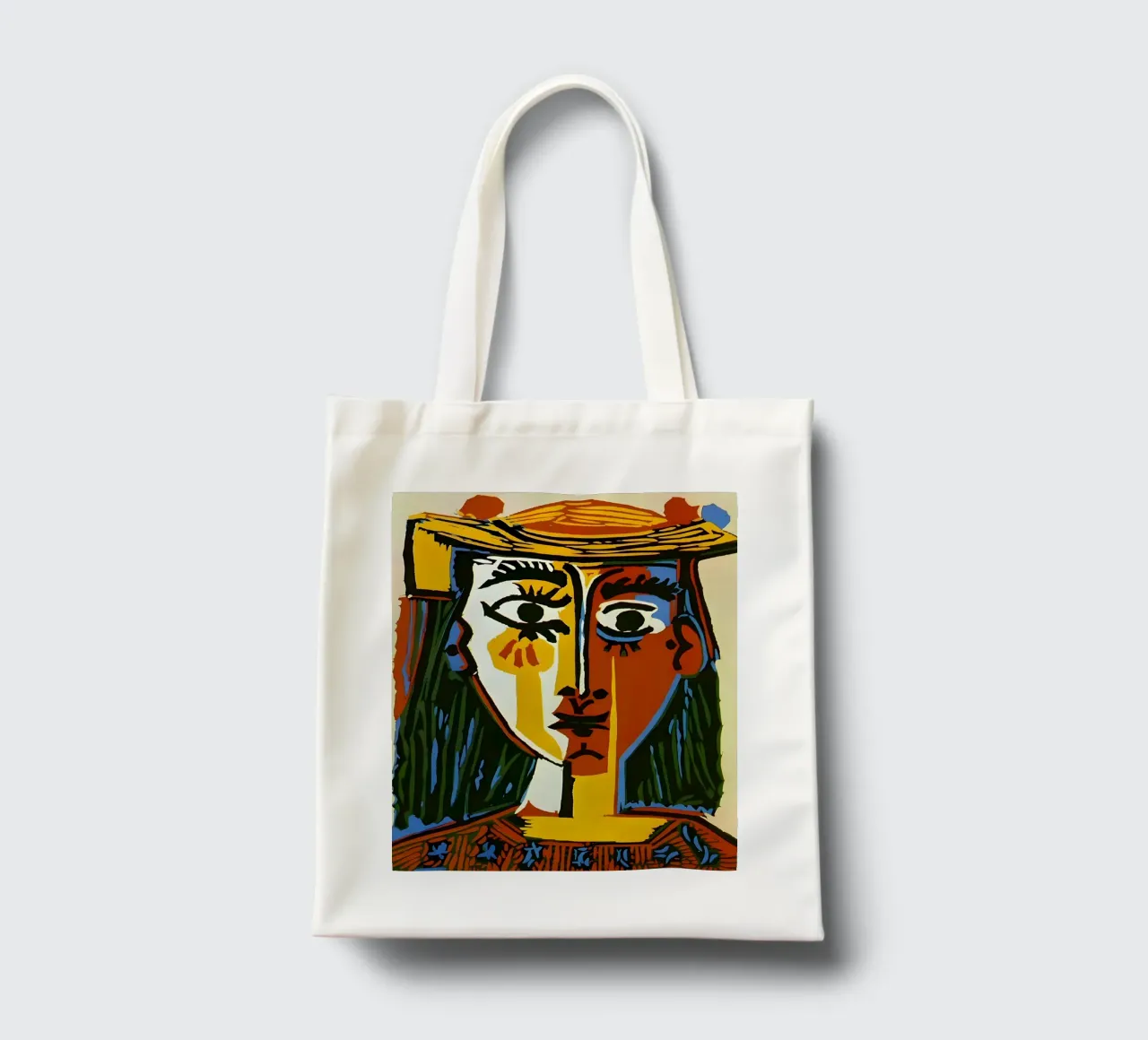 Von Picasso inspirierter Frauenkopf - Lebendiges kubistisches Porträt Jutebeutel von homdeco