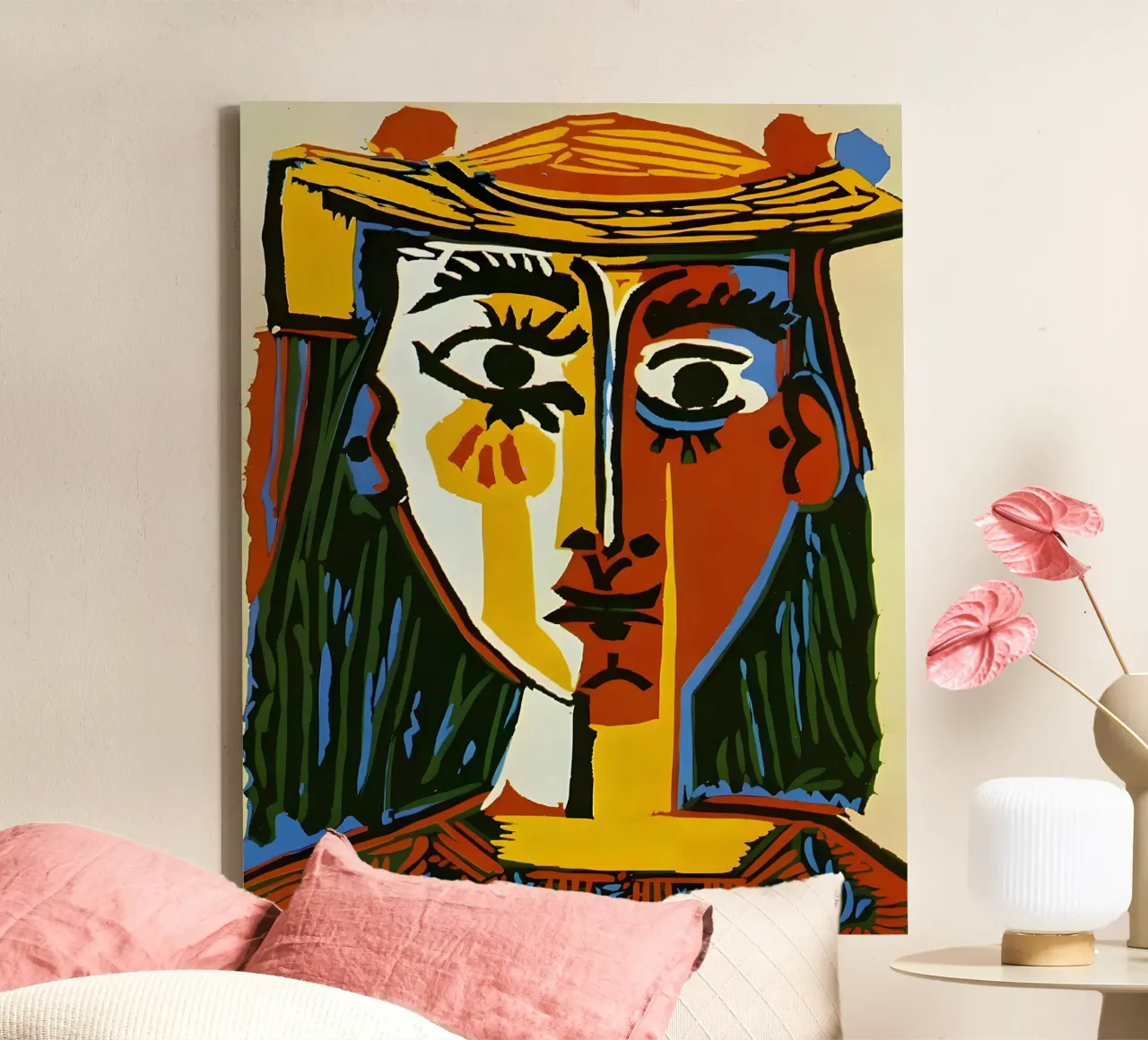 Picasso Inspired Woman's Head - Vivid Cubist Portrait canvas by homdeco