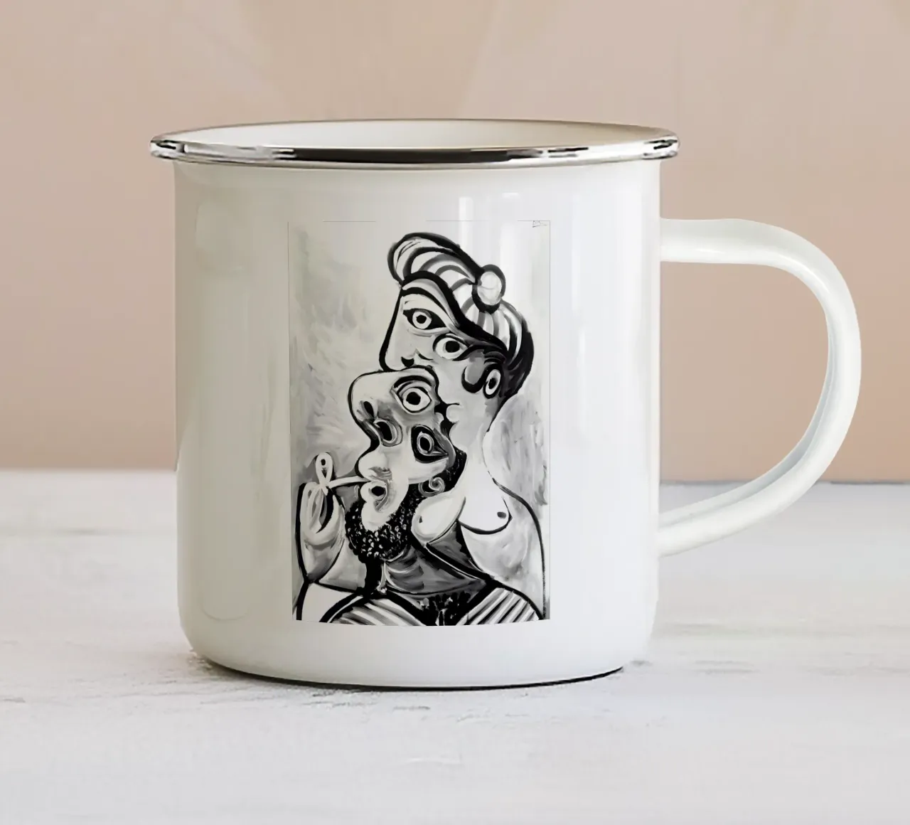 Ritratto astratto in bianco e nero ispirato a Picasso tazza in smalto da homdeco