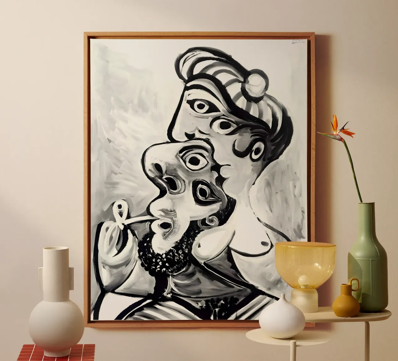Op Picasso geïnspireerd zwart-wit abstract portret canvas met Baklijst van homdeco