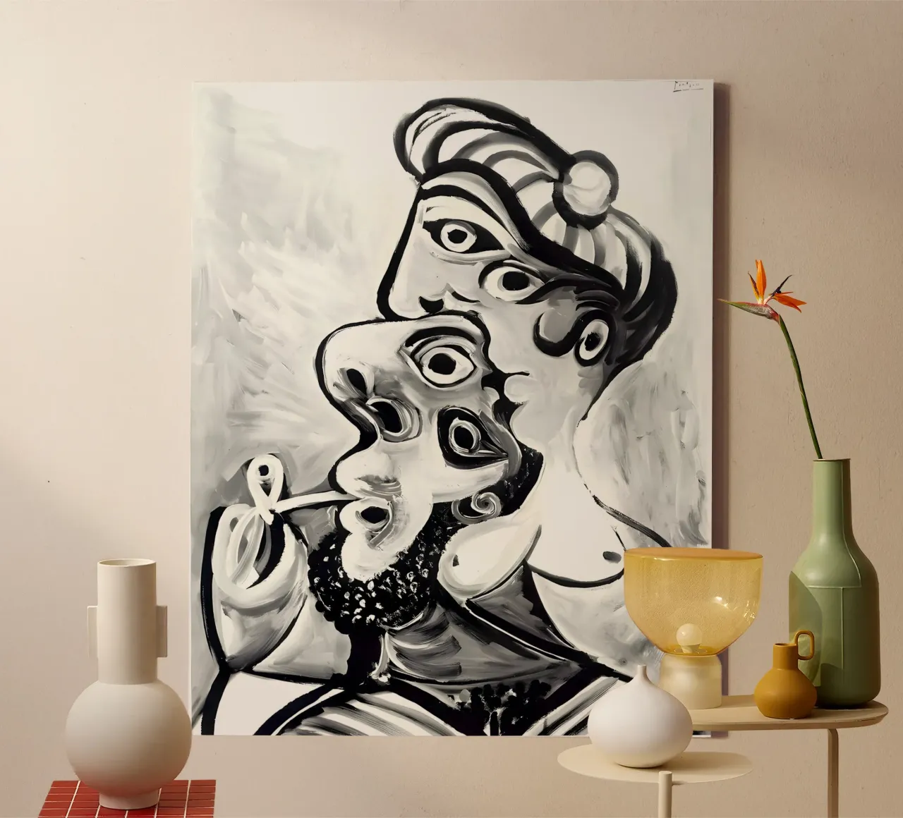 Op Picasso geïnspireerd zwart-wit abstract portret canvas met Baklijst van homdeco