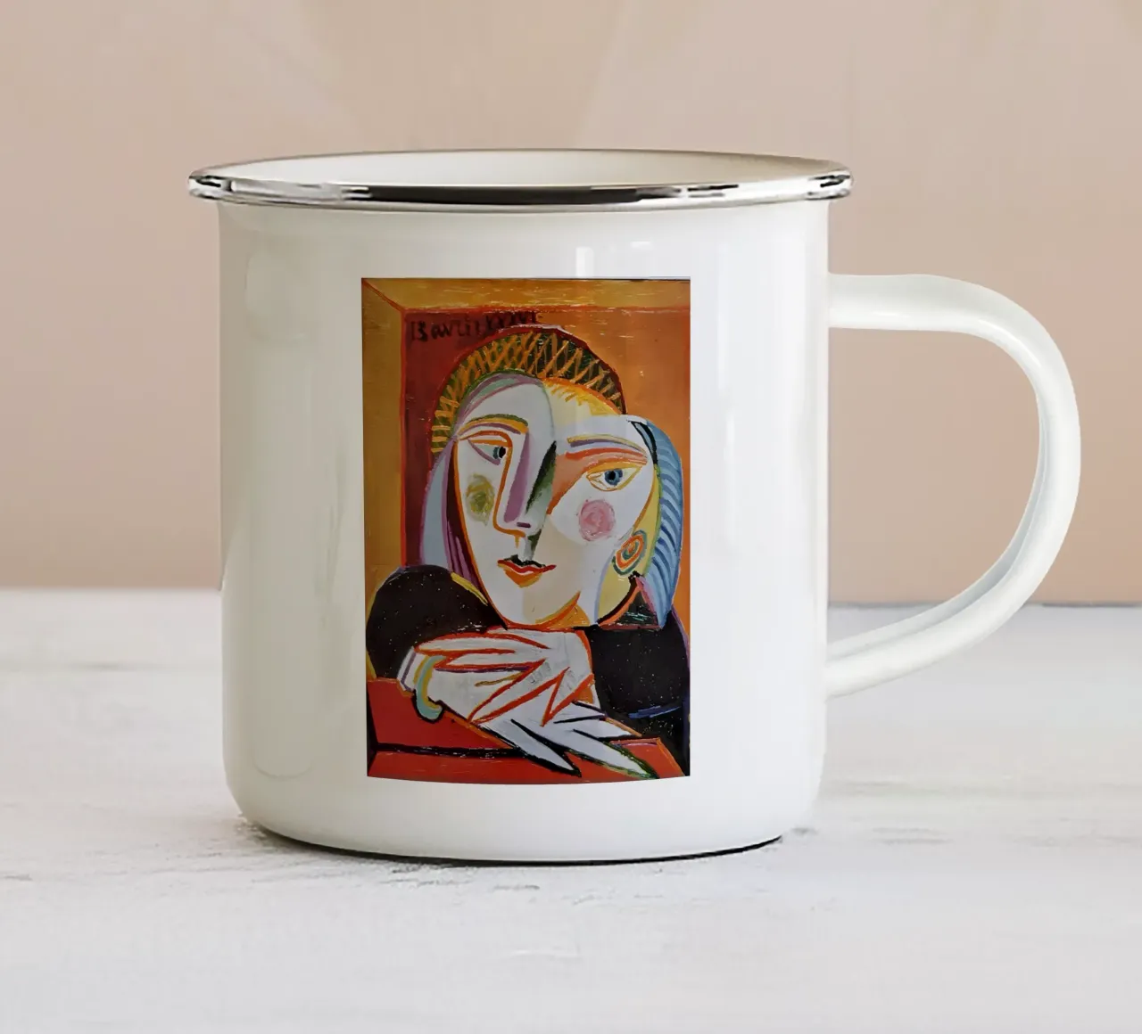 Picasso Inspired Woman's Face - Expressive Cubist Portrait enamel mug by homdeco