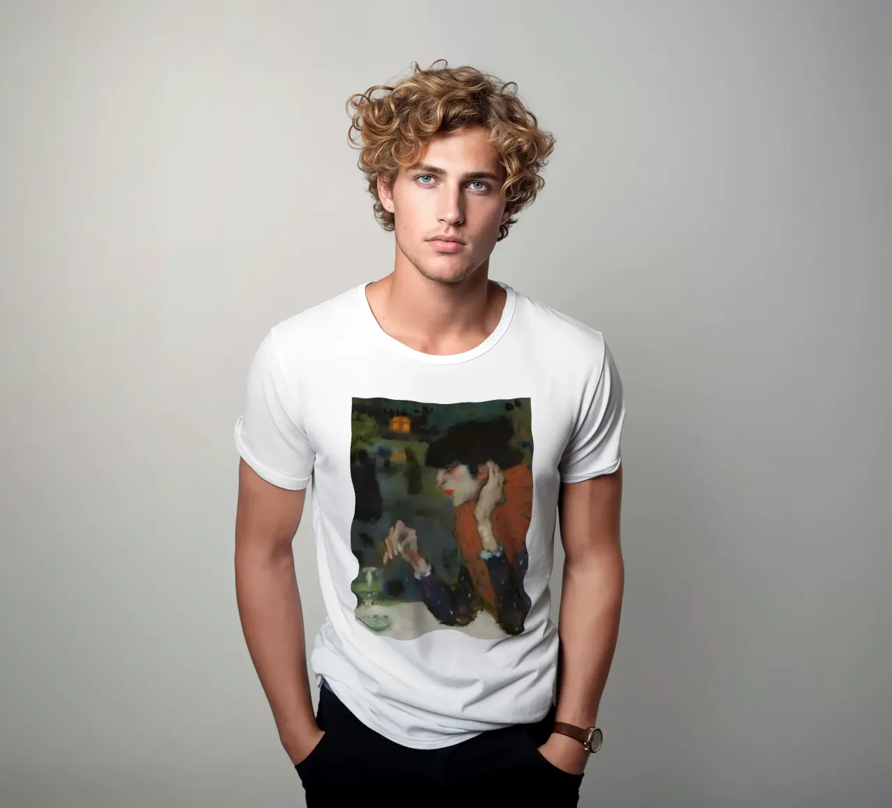 Donna del caffè ispirata a Picasso - Scena notturna espressiva t-shirt da homdeco