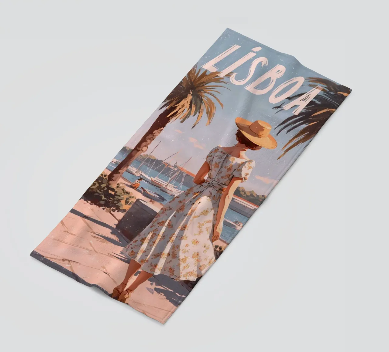 Lisbon vintage art beach towel by Vintage Travel Art