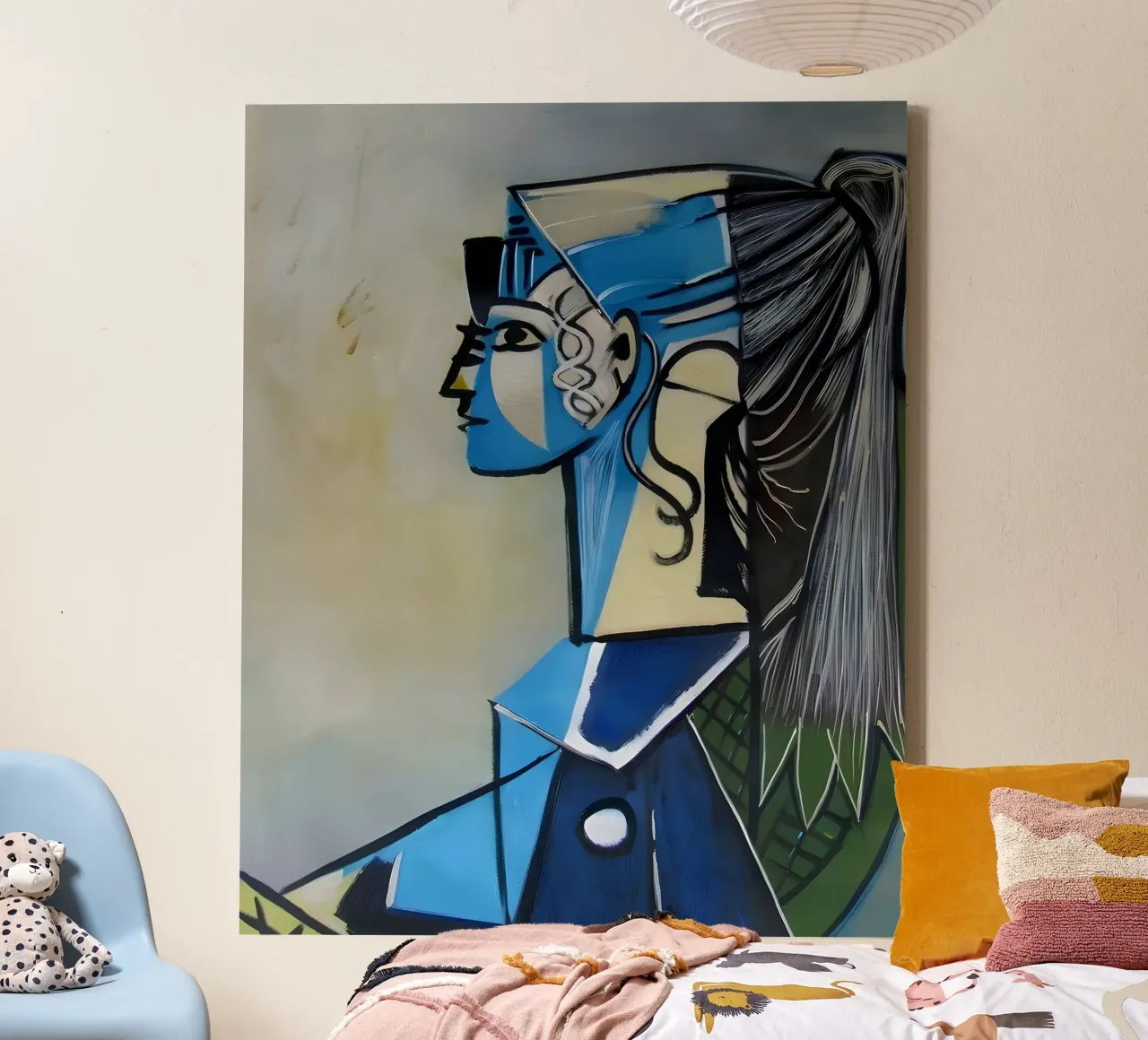 Op Picasso geïnspireerd vrouwelijk profiel - Geometrisch abstract portret canvas met Baklijst van homdeco