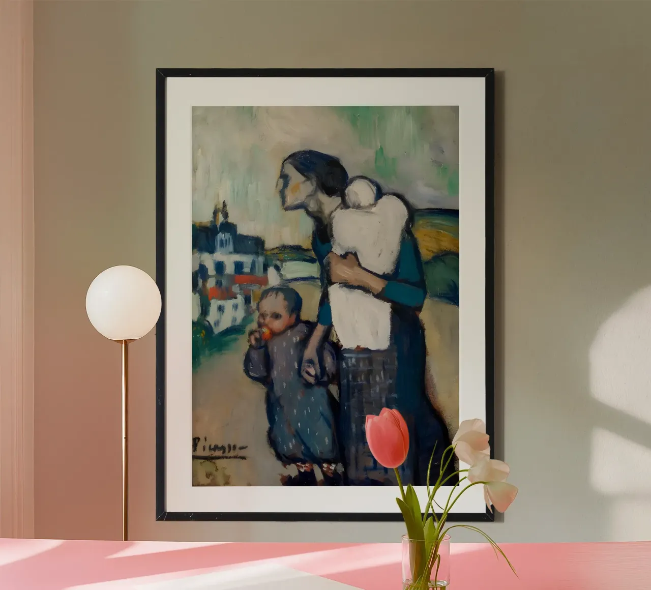 Madre e figli ispirati a Picasso - Echi del periodo blu poster con telaio in plastica da homdeco
