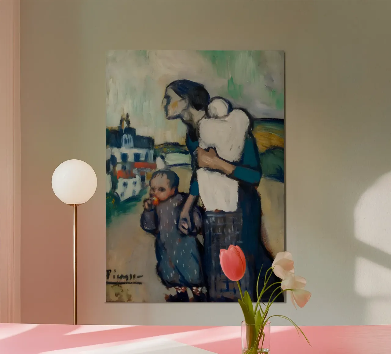 Madre e figli ispirati a Picasso - Echi del periodo blu poster con telaio in plastica da homdeco