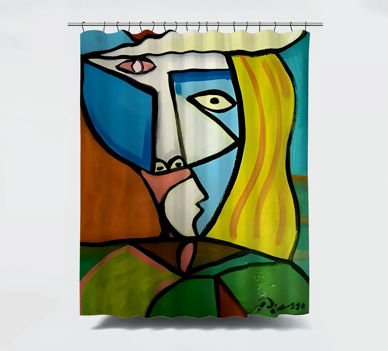 Von Picasso inspirierte Frau mit Hut - kühnes kubistisches Porträt Duschvorhang von homdeco