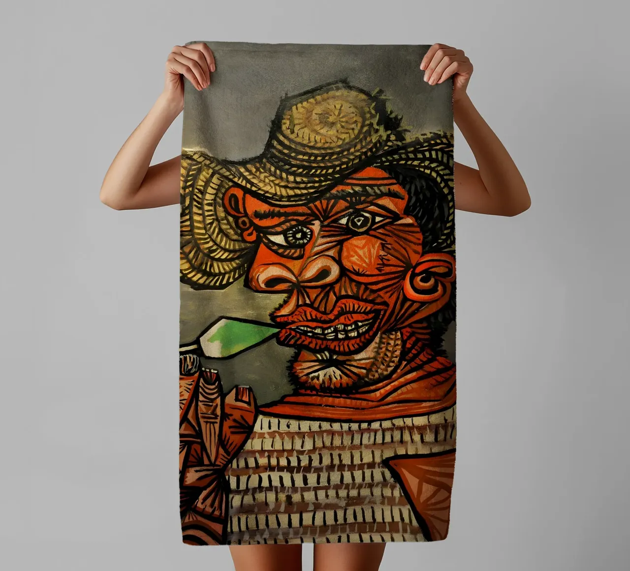 Picasso Inspired Man with Straw Hat - Expressive Cubist Port towel by homdeco