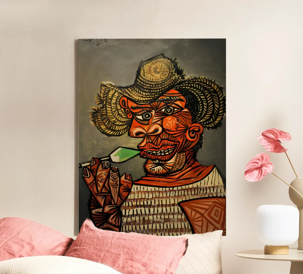 Von Picasso inspirierter Mann mit Strohhut - Ausdrucksstarker kubistischer Hafen Leinwand mit Schattenfugenrahmen von homdeco