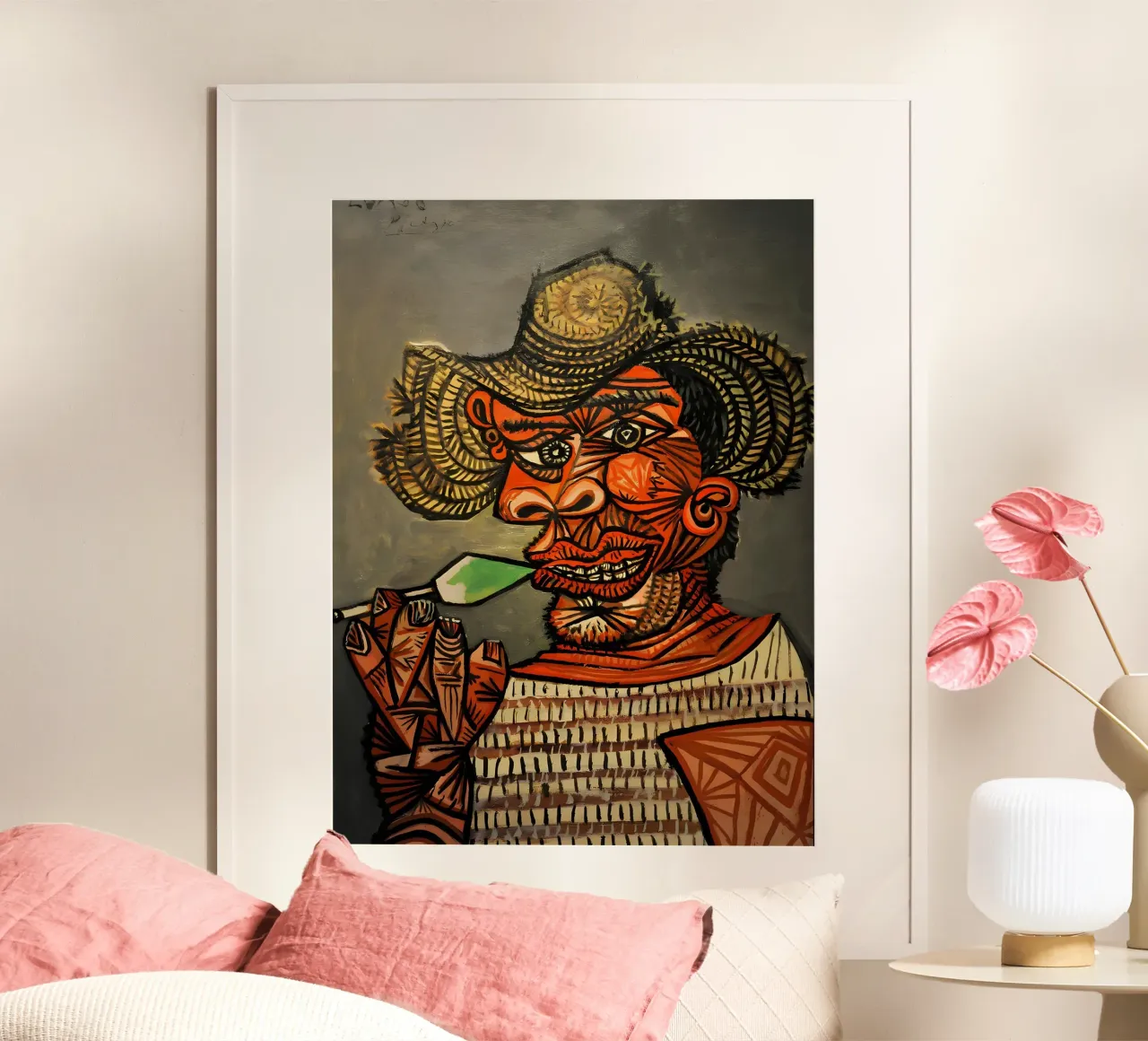 Picasso Inspired Man with Straw Hat - Expressive Cubist Port poster with wooden frame by homdeco
