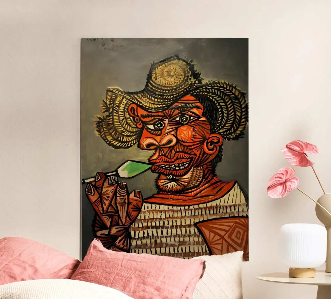 Picasso Inspired Man with Straw Hat - Expressive Cubist Port poster with wooden frame by homdeco
