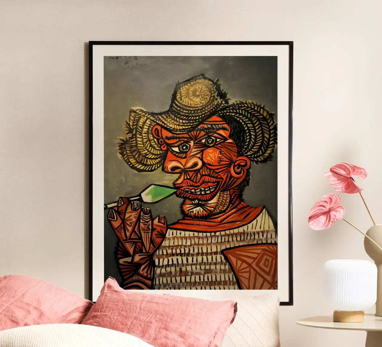Picasso Inspired Man with Straw Hat - Expressive Cubist Port poster with wooden frame by homdeco