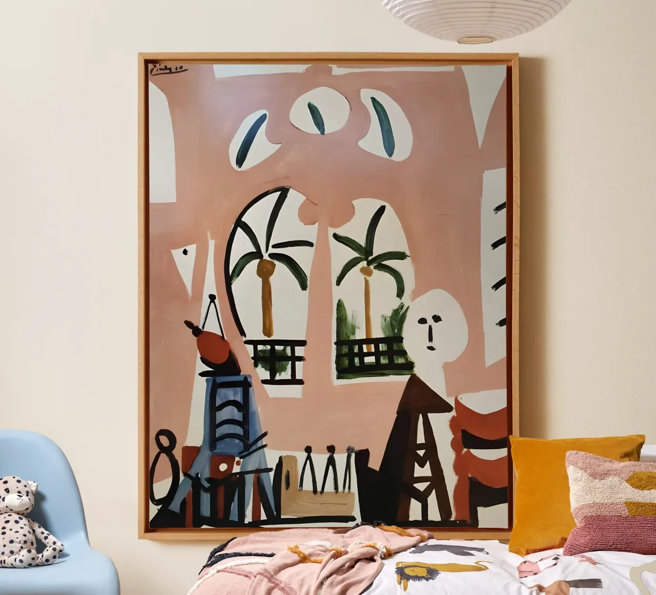 Picasso Inspired Interior with Palms - Abstract Modern Art canvas with Floater frame by homdeco