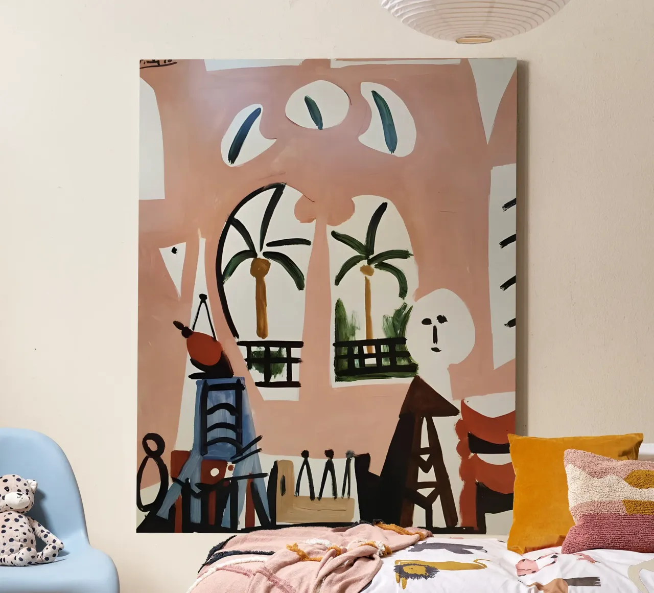Picasso Inspired Interior with Palms - Abstract Modern Art canvas with Floater frame by homdeco