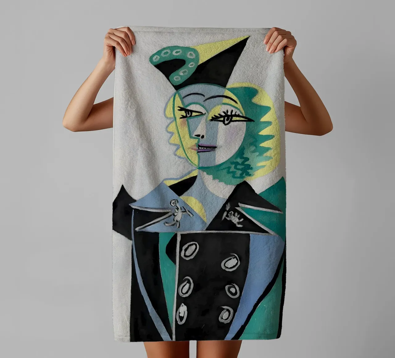 Donna con cappello ispirata a Picasso - Audace ritratto cubista asciugamano da bagno da homdeco