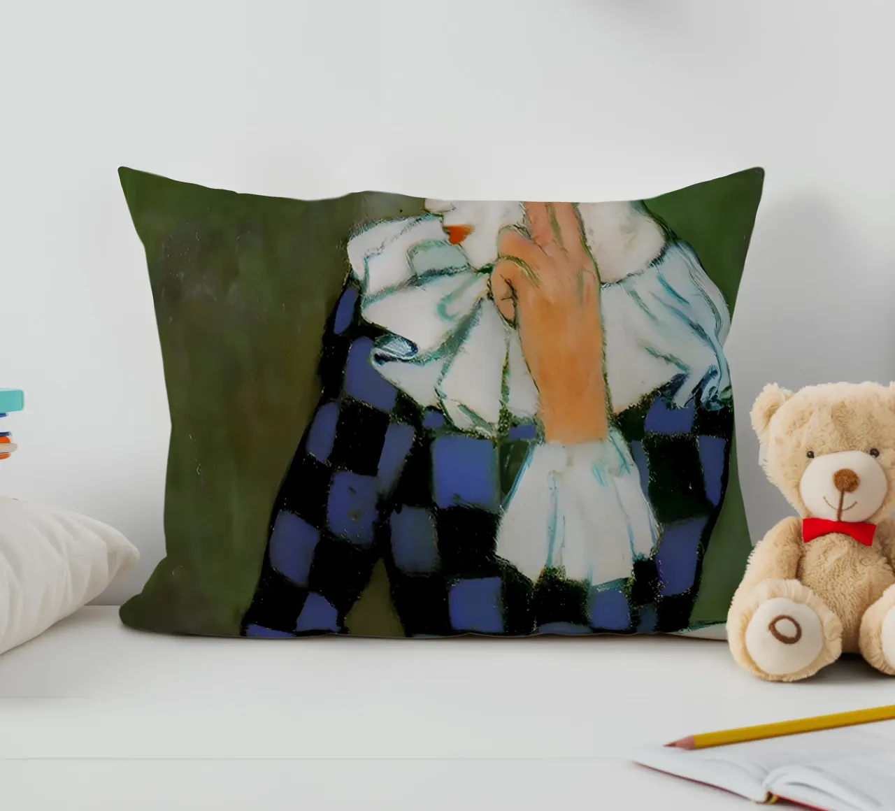 Arlecchino ispirato a Picasso - Ritratto di clown pensoso cuscino da homdeco