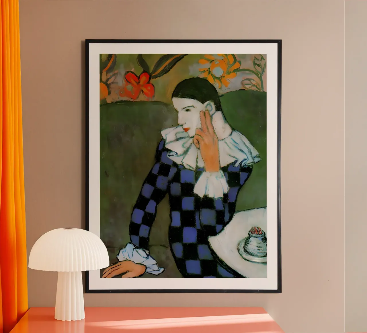 Von Picasso inspirierter Harlekin - Nachdenkliches Clown-Porträt Poster von homdeco