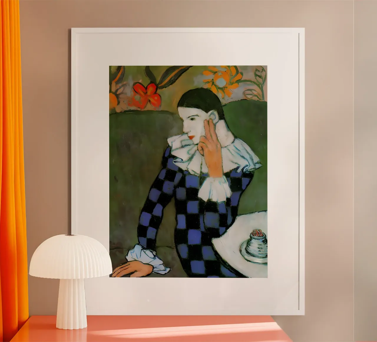 Von Picasso inspirierter Harlekin - Nachdenkliches Clown-Porträt Poster von homdeco
