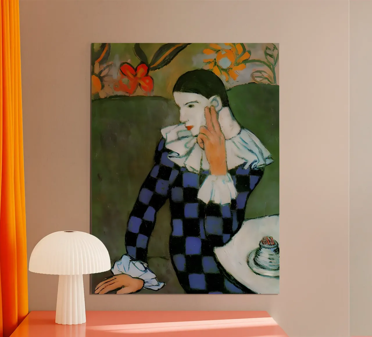 Von Picasso inspirierter Harlekin - Nachdenkliches Clown-Porträt Poster von homdeco