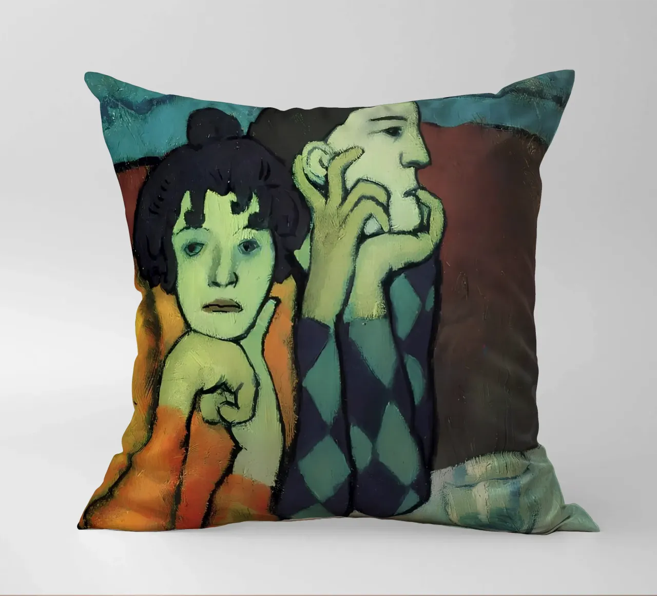 Picasso Blue Period Harlequin & Companion Print decorative cushion by homdeco