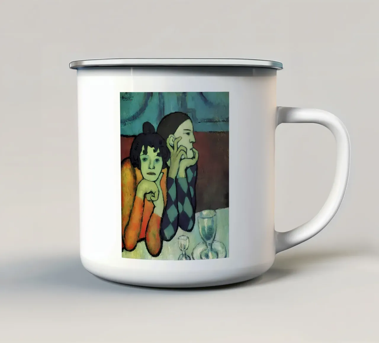Picasso Blauw Periode Harlekijn & Bijbehorende Print emaille mok van homdeco