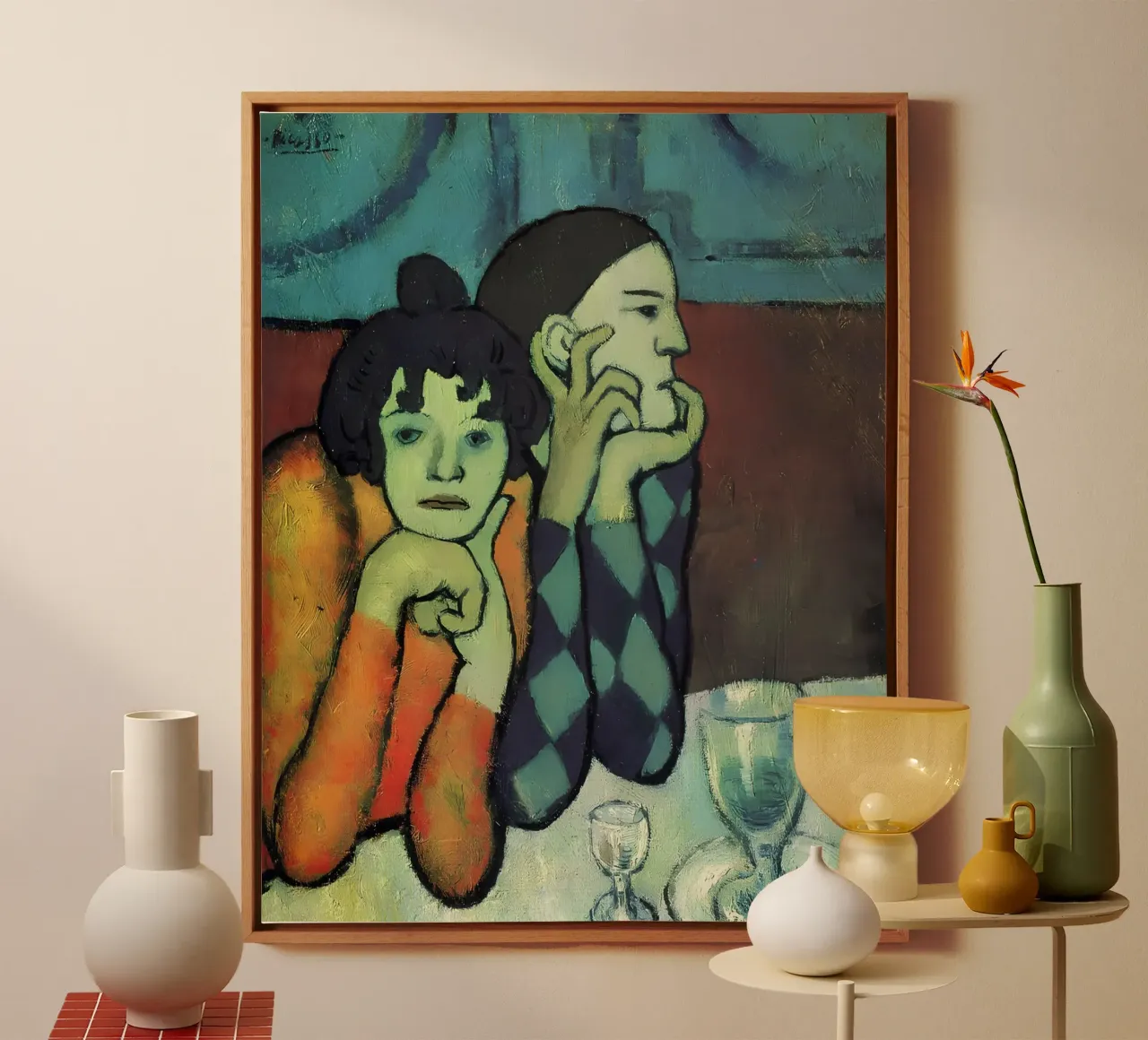 Picasso Blauw Periode Harlekijn & Bijbehorende Print canvas met Baklijst van homdeco