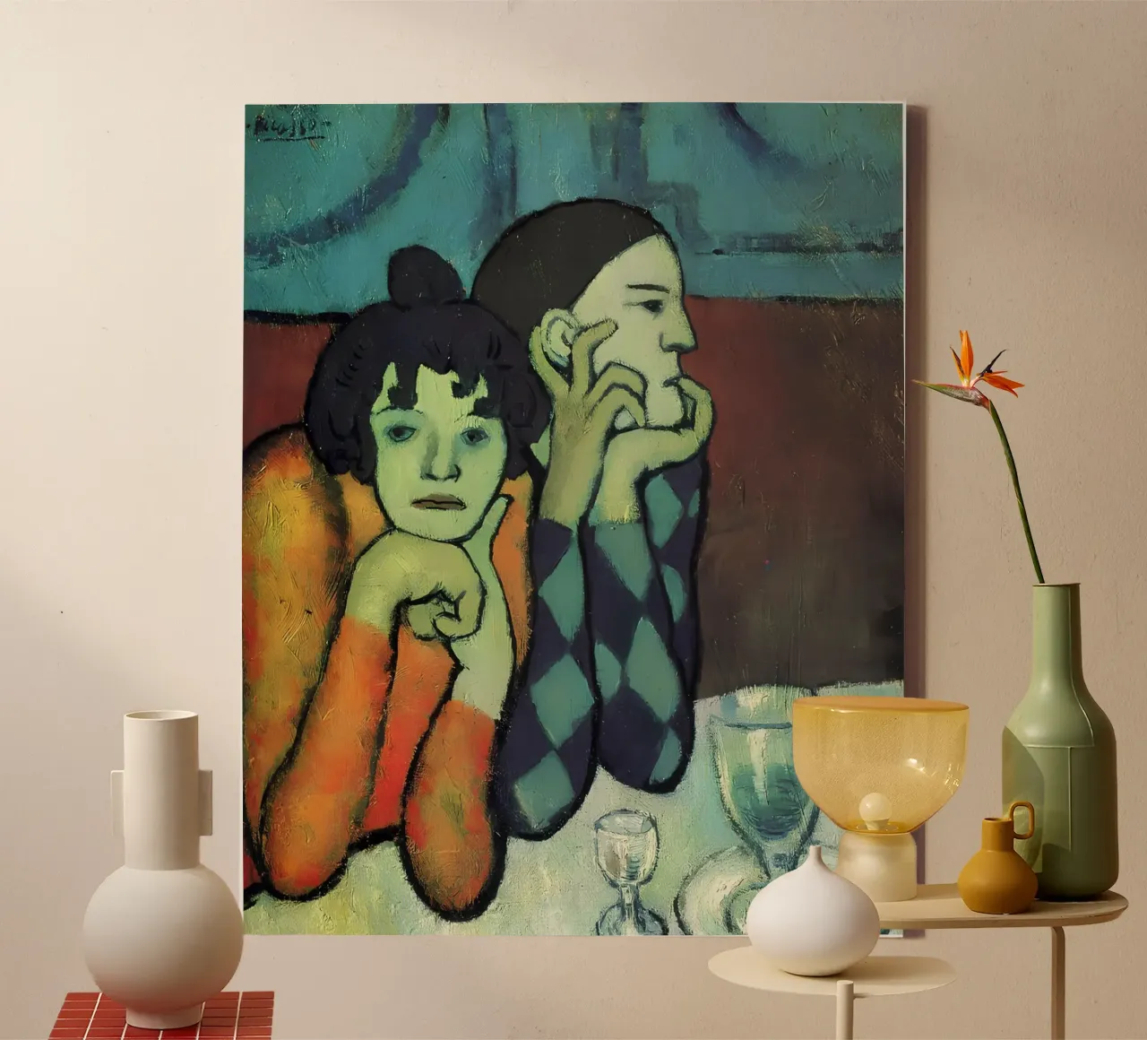 Picasso Blauw Periode Harlekijn & Bijbehorende Print canvas met Baklijst van homdeco