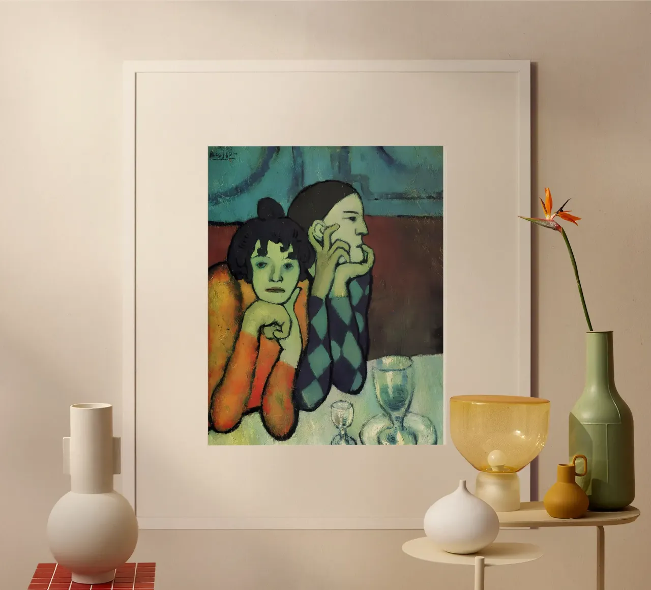 Arlequín de época azul Picasso e impresión acompañante poster con marco de aluminio de homdeco