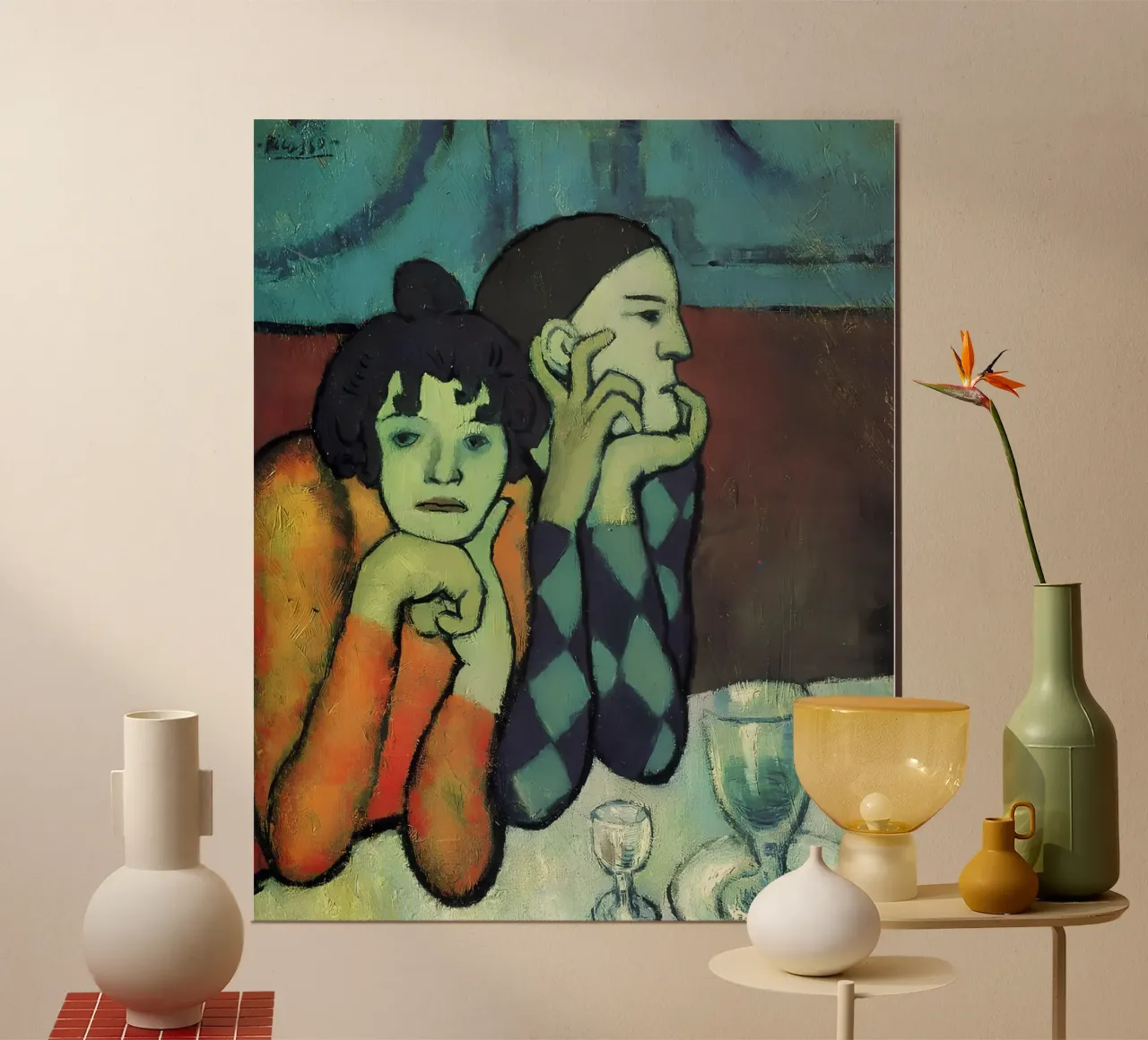 Arlequín de época azul Picasso e impresión acompañante poster con marco de aluminio de homdeco