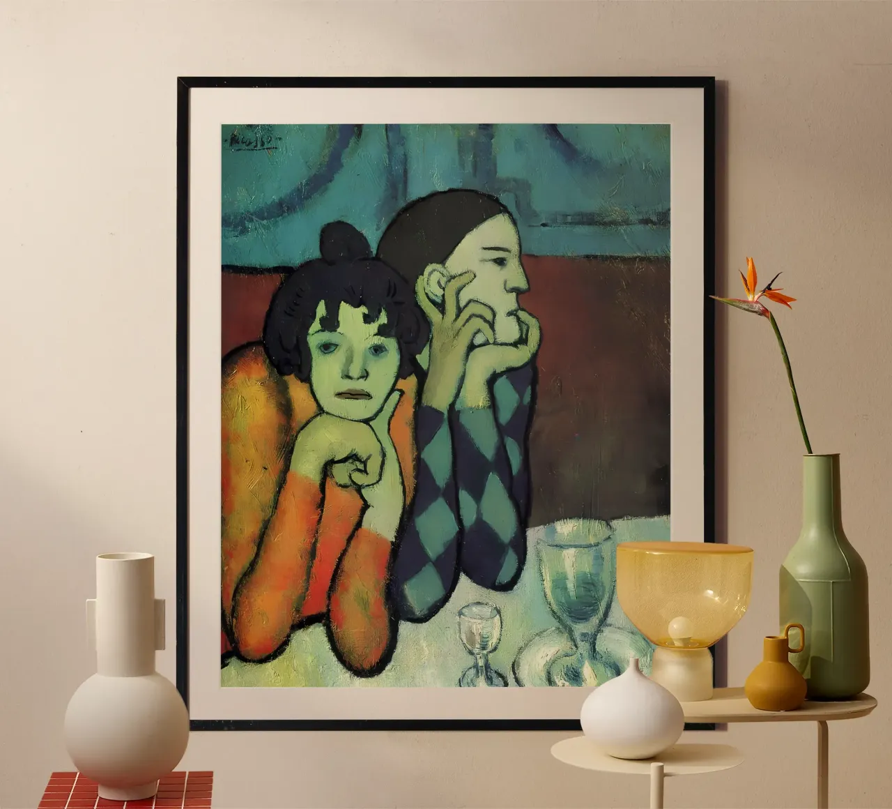 Arlequín de época azul Picasso e impresión acompañante poster con marco de aluminio de homdeco