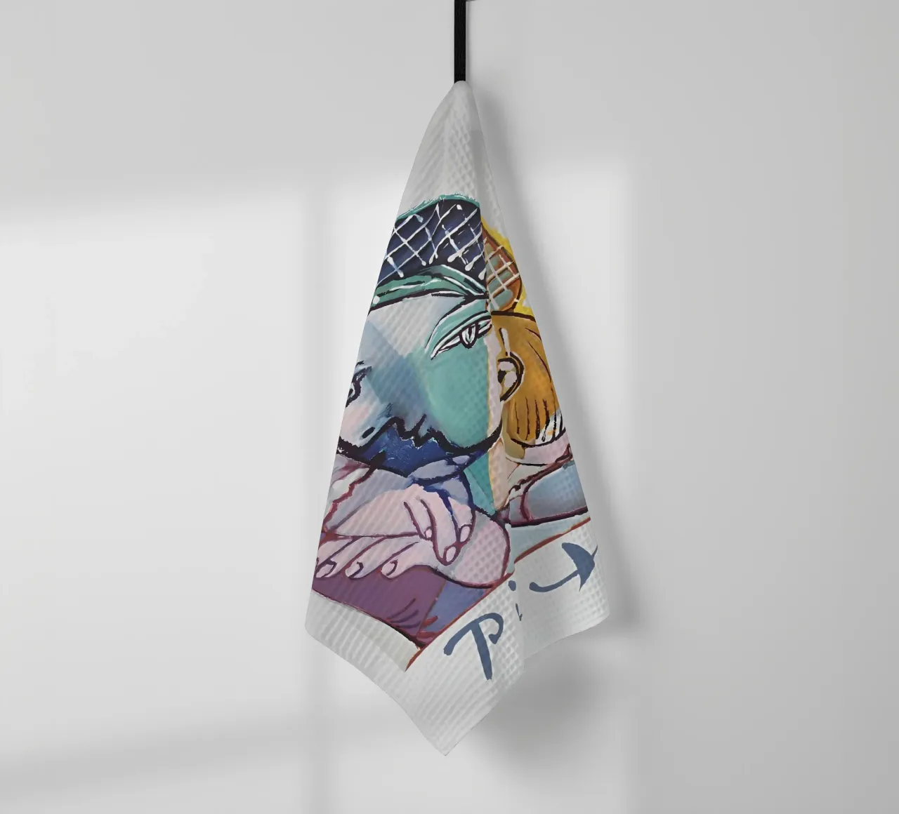 Picasso Embrace, Cubist Lovers Abstract Art Print tea towel by homdeco