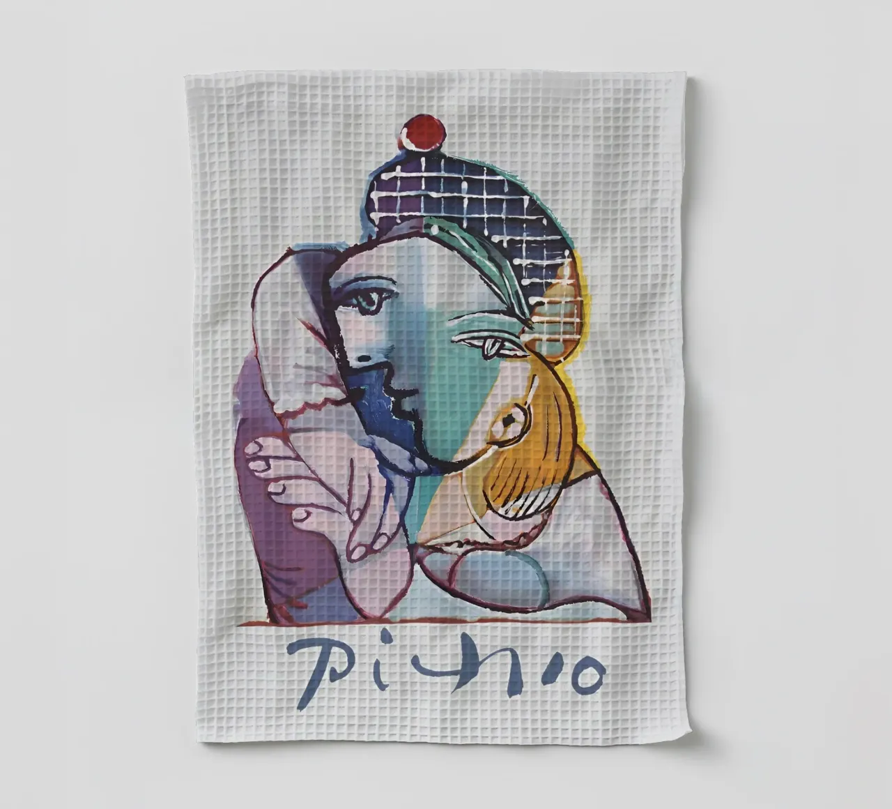 Picasso Embrace, Cubist Lovers Abstract Art Print tea towel by homdeco