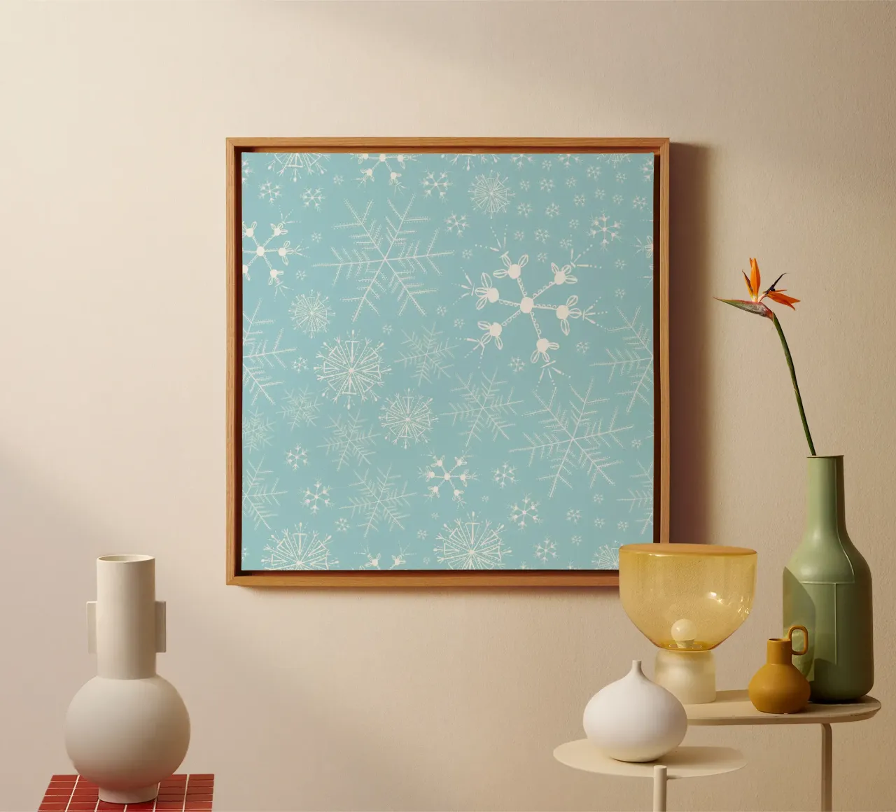 White snowflakes with blue background pattern canvas with Floater frame by gulsengunel