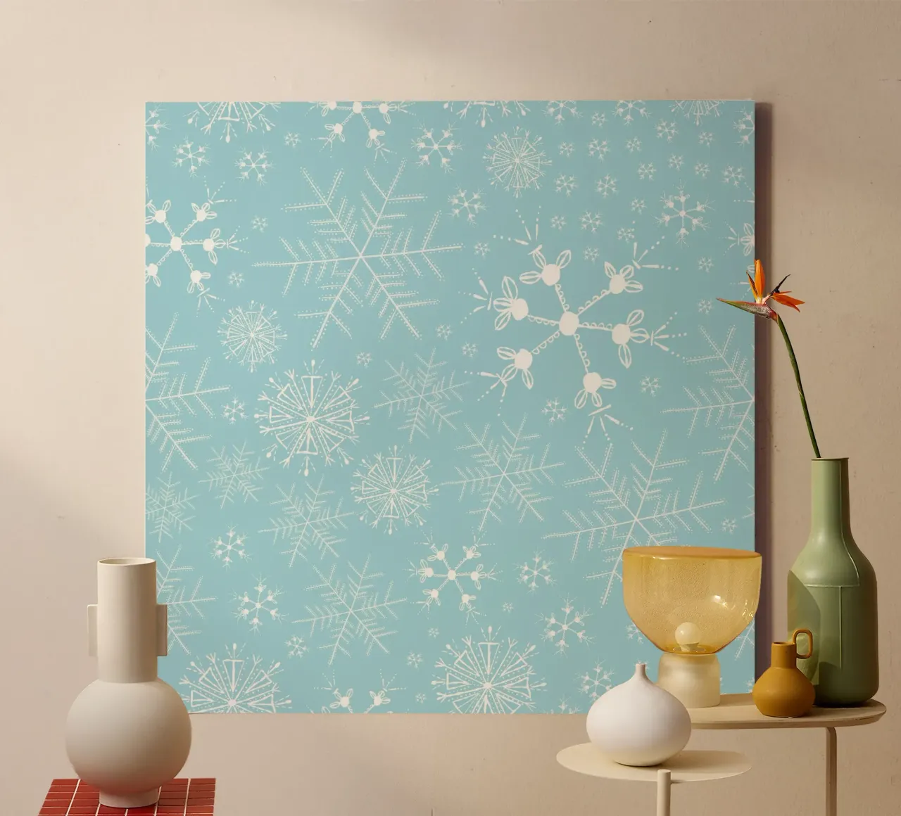White snowflakes with blue background pattern canvas with Floater frame by gulsengunel
