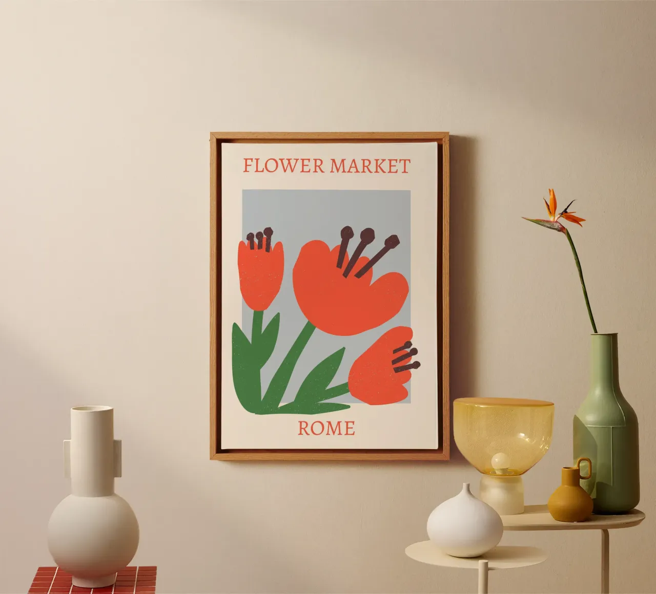 Rome Bloemenmarkt Abstract Rood Bloei Print canvas met Baklijst van homdeco