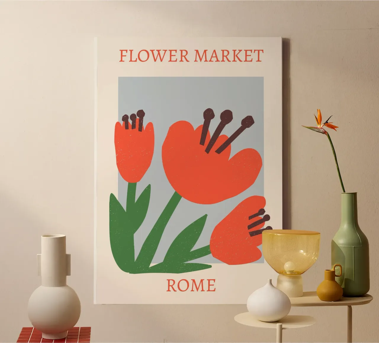 Rome Bloemenmarkt Abstract Rood Bloei Print canvas met Baklijst van homdeco