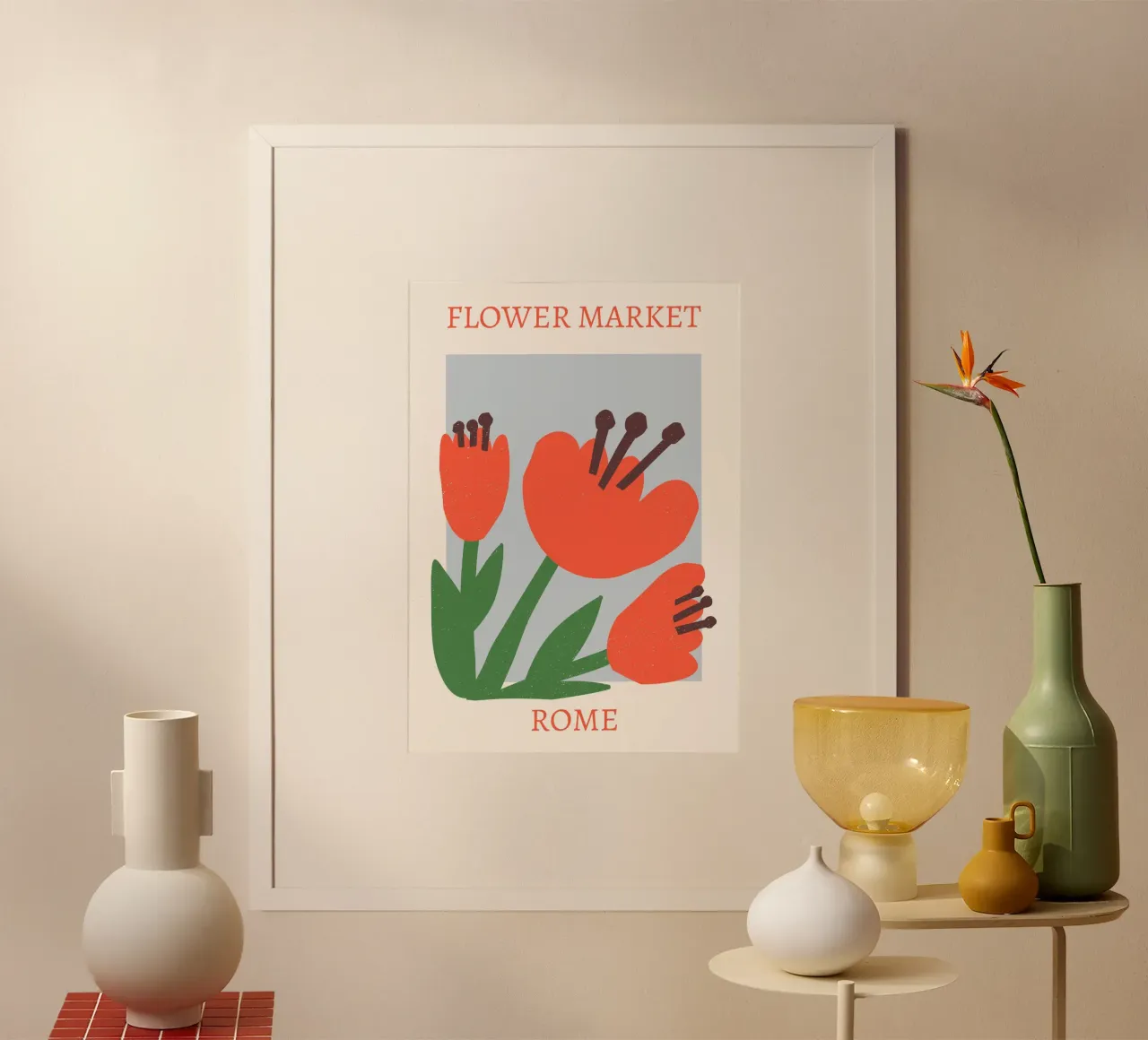 Mercato dei fiori di Roma Stampa astratta a fiori rossi poster con telaio in legno da homdeco
