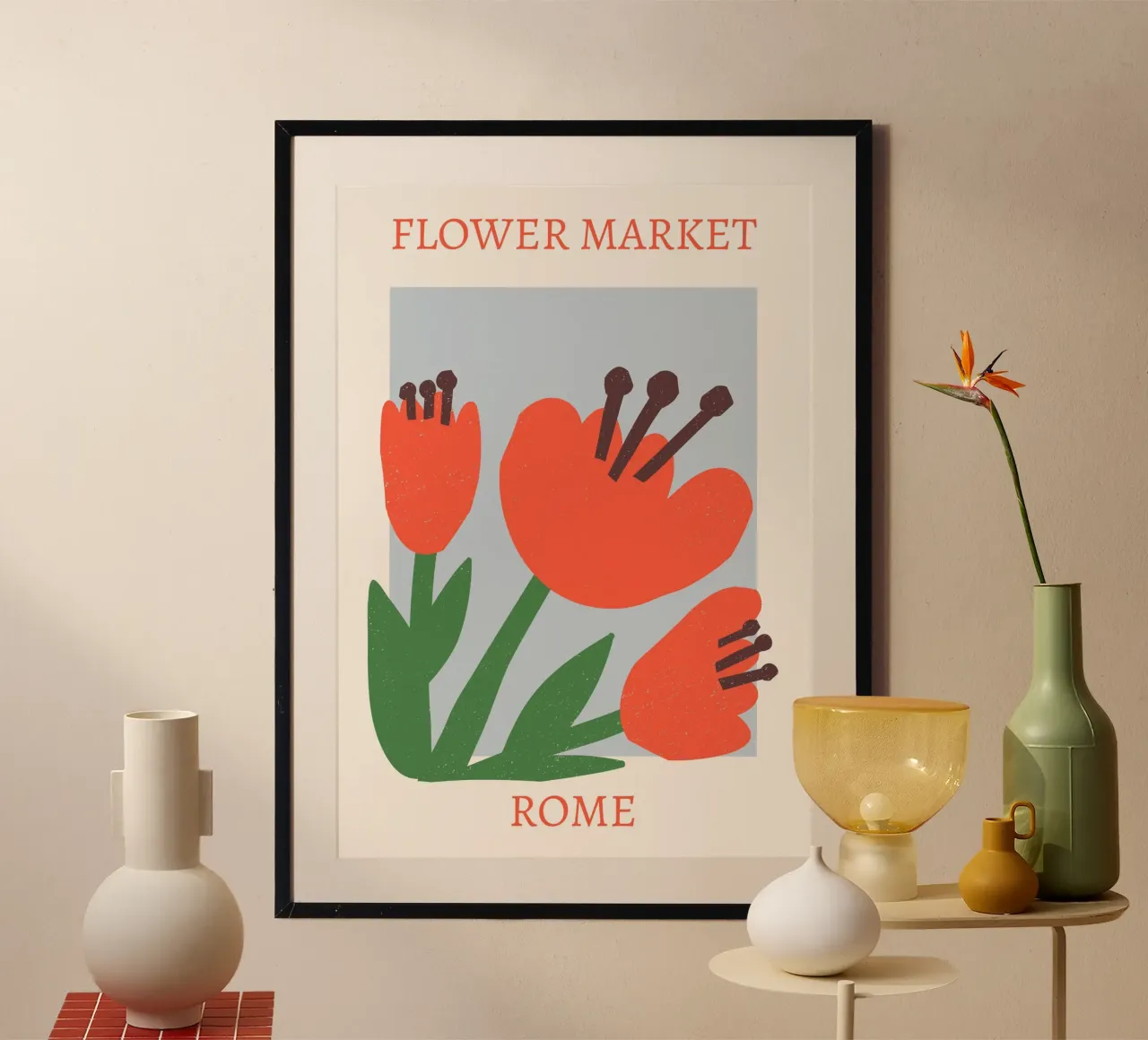 Mercato dei fiori di Roma Stampa astratta a fiori rossi poster con telaio in legno da homdeco