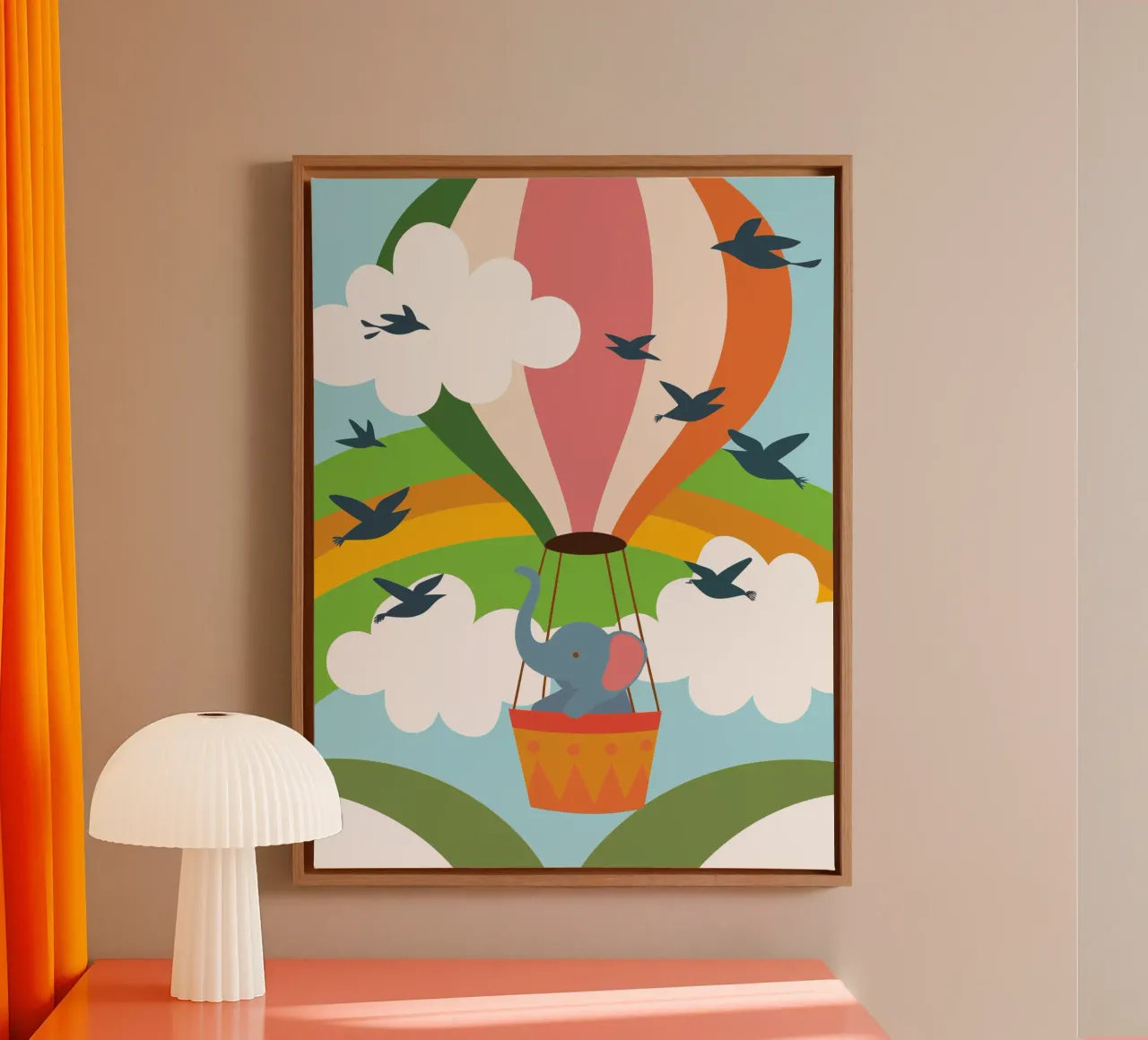 Olifant rijdt in heteluchtballon canvas met Baklijst van CUTE ANIMALS