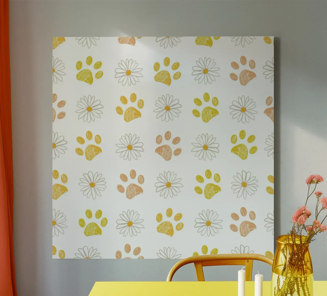 Gänseblümchen und Doodle-Pfotenabdrücke Leinwand von gulsengunel