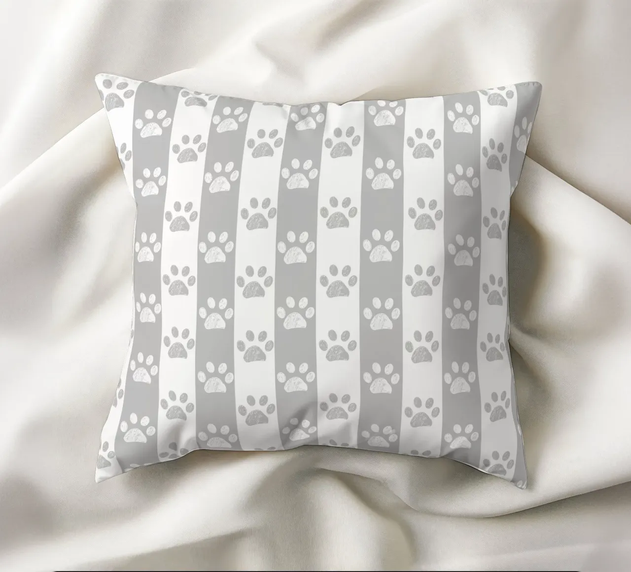 Grey and white stripe pattern with doodle paw print decorative cushion by gulsengunel