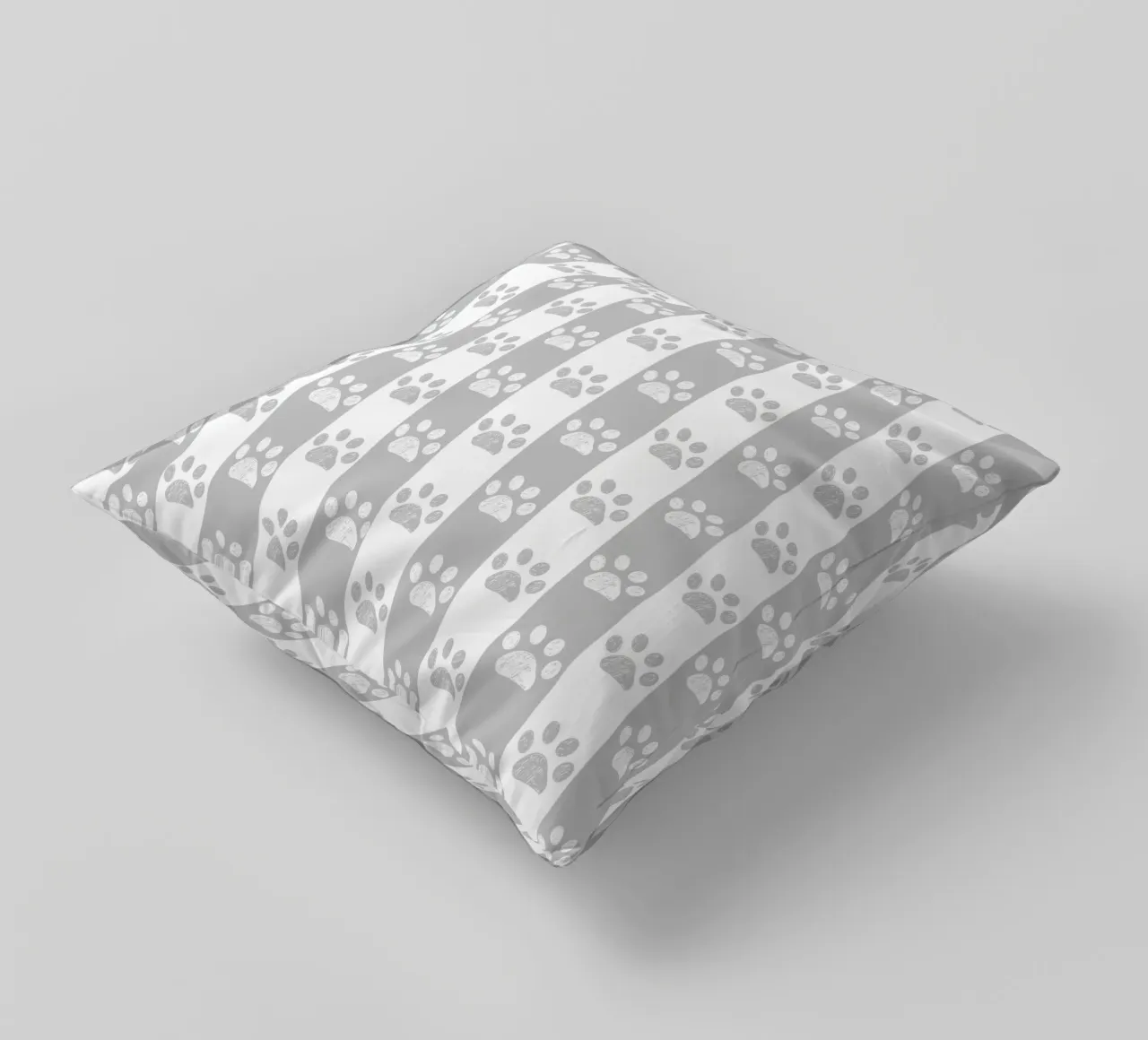 Grey and white stripe pattern with doodle paw print decorative cushion by gulsengunel
