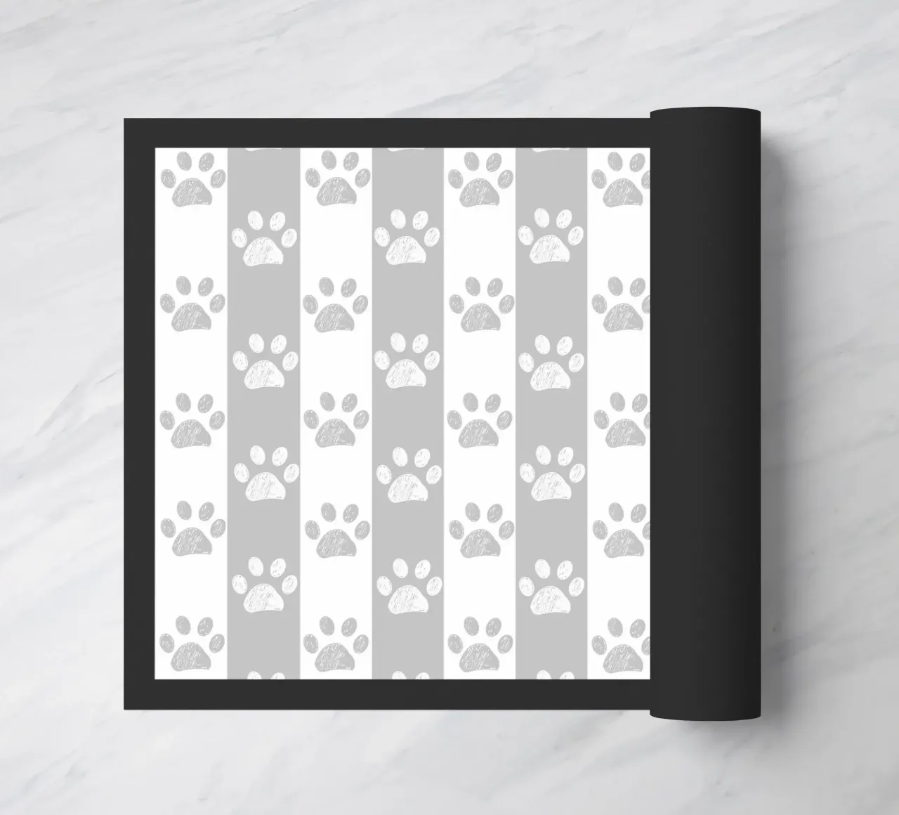 Grey and white stripe pattern with doodle paw print doormat by gulsengunel