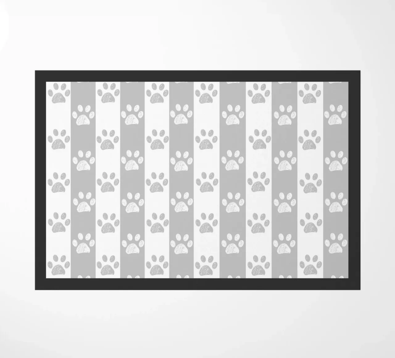 Grey and white stripe pattern with doodle paw print doormat by gulsengunel