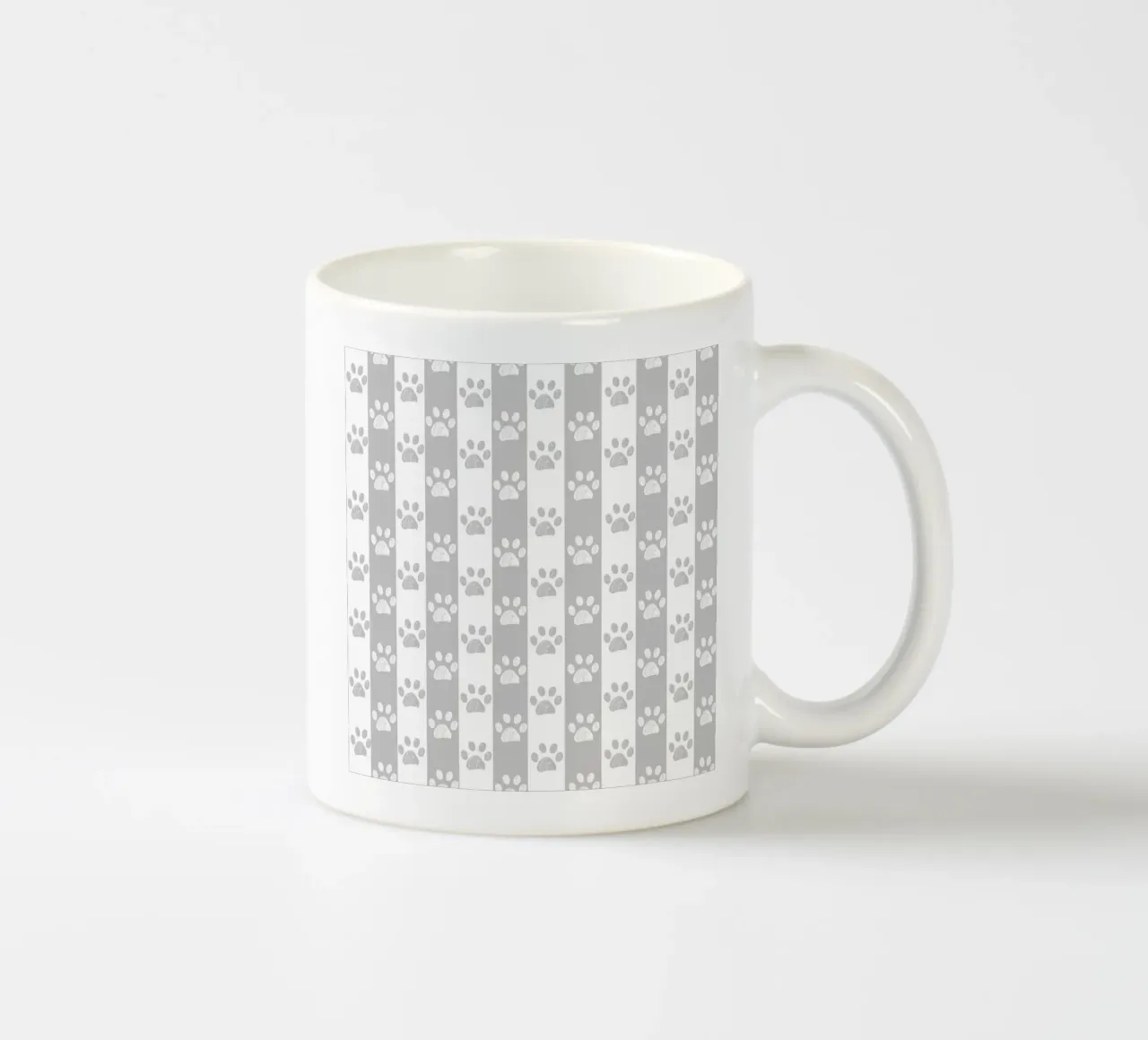 Grey and white stripe pattern with doodle paw print ceramic mug by gulsengunel